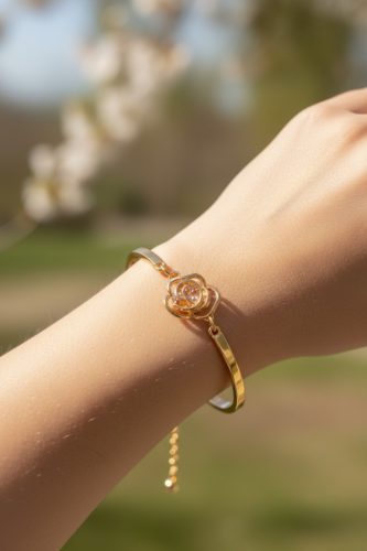 Rózsa Motívumos Aranyozott Félmerev Karkötő – A Geometrikus Elegancia