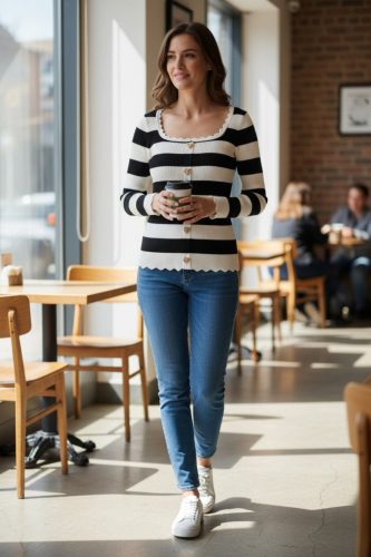 Női Csíkos Kötött Felső – Szív Alakú Gombokkal és Hullámos Szegéllyel