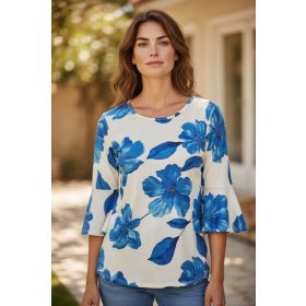   Női Virágos Felső – Elegáns Kék Mintával és Harang Ujjakkal